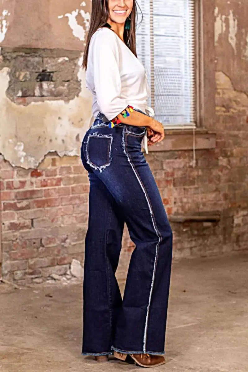 Raw Hem Wash High Stretch Mid Waist Flare Jeans