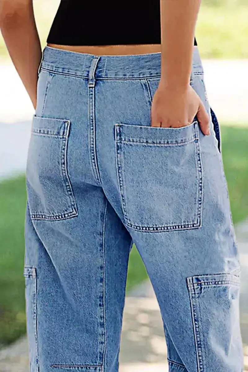 Wash Multi Pocket Stitch Drawstring Mid Waist Barrel Leg Jeans