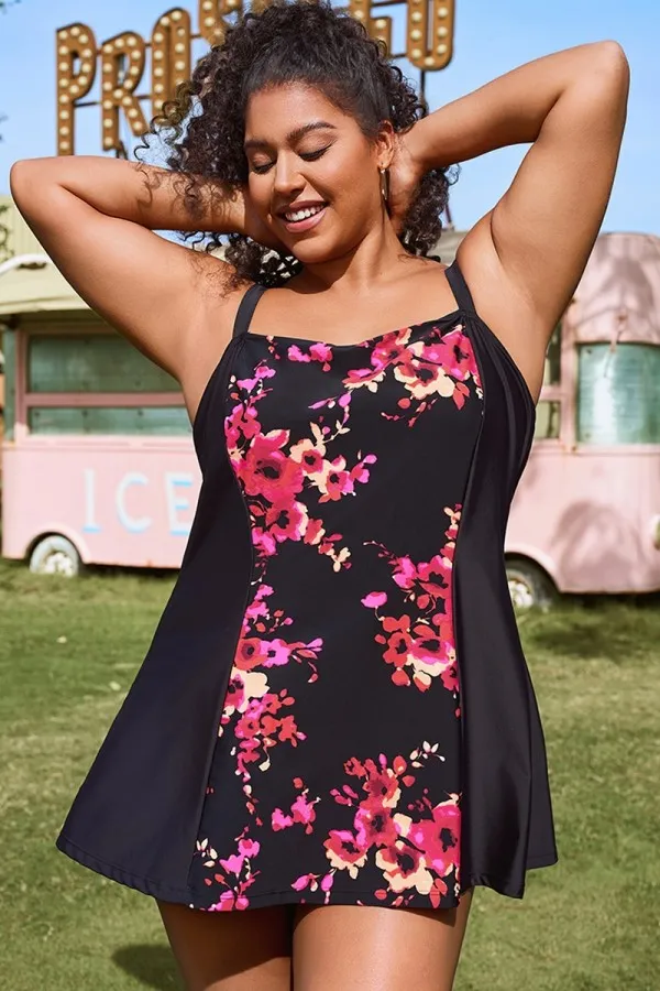 Floral Print Adjustable Wide Strap Swimdress