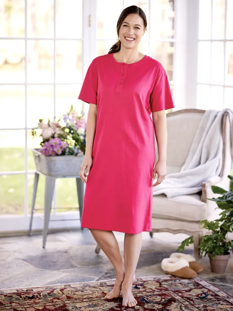 Comfort Knit Solid Color Cotton Short-Sleeve Long Nightgown