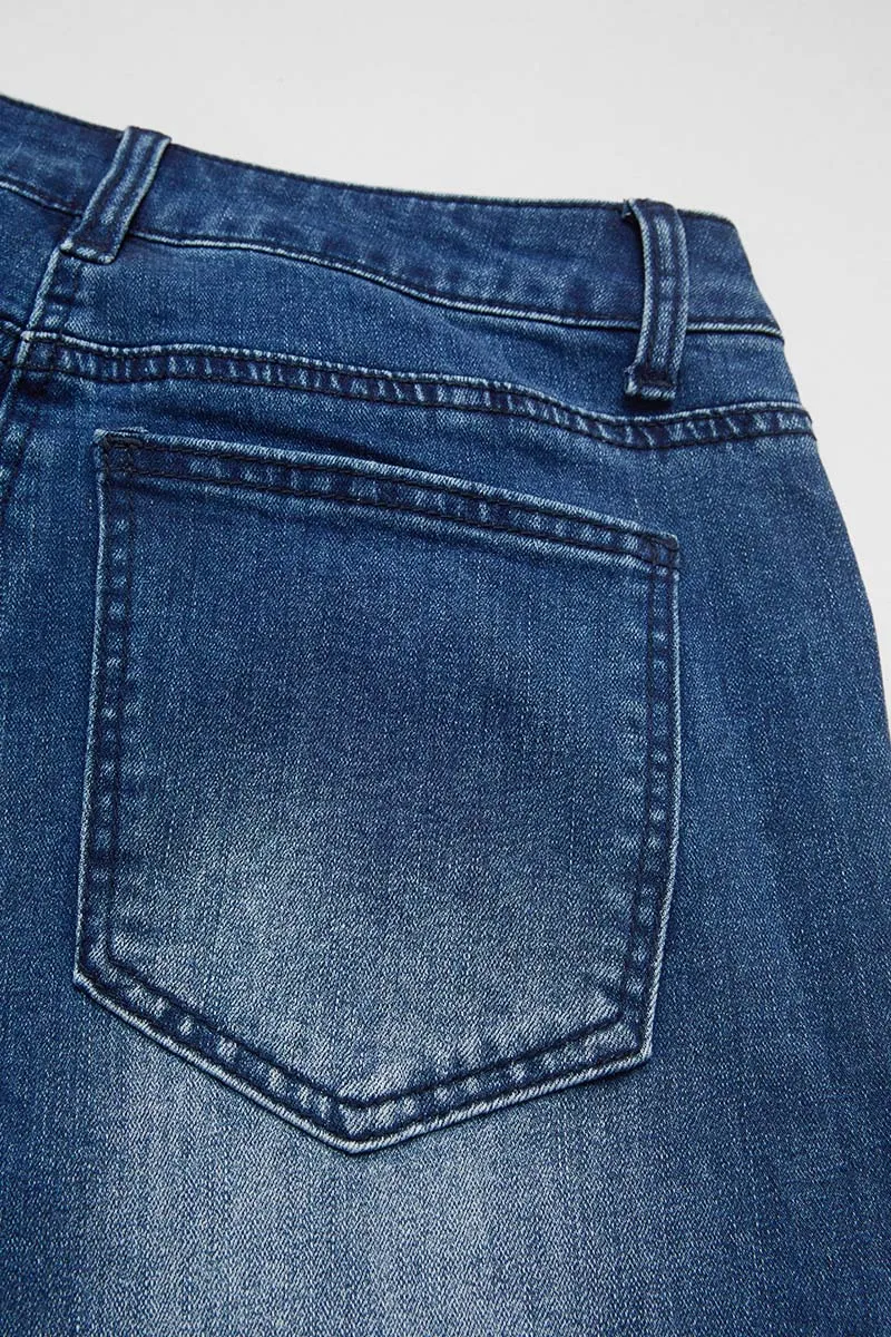 Wash Raw Roll Hem Wrap Mid Waist Straight Leg Jeans