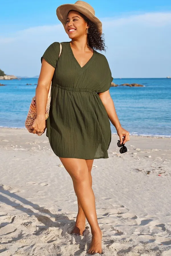 Dark Green V Neck Elastic Waisted Cover Up