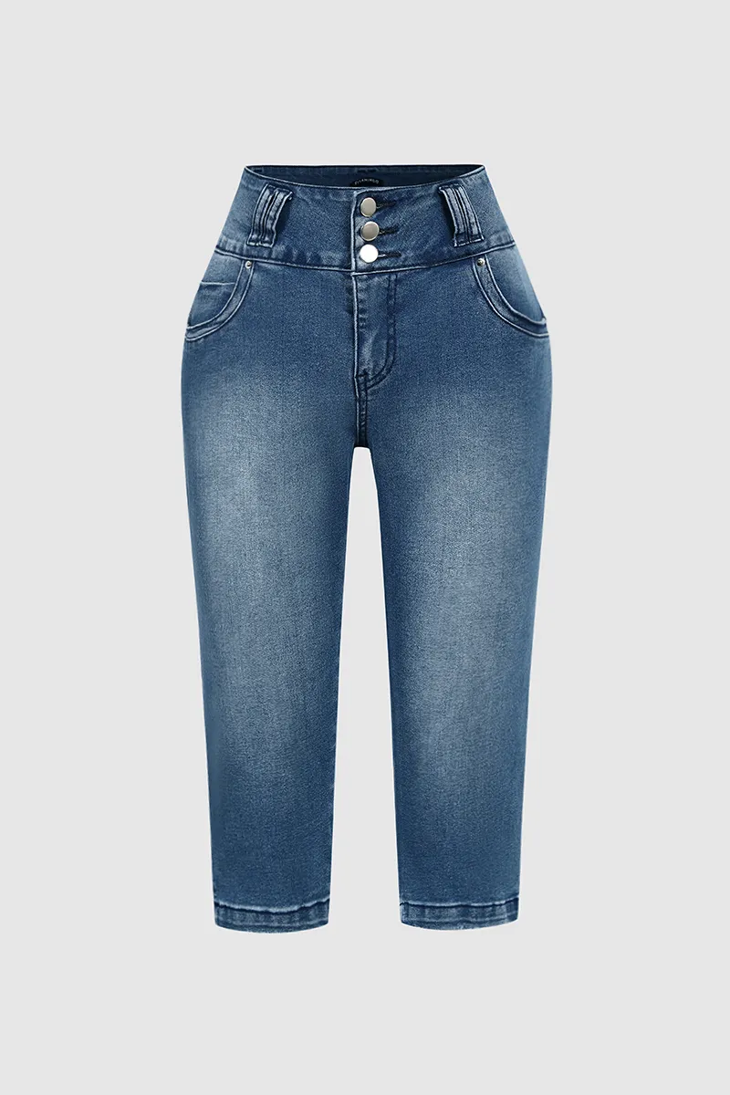 Wash Button Up Split Hem Mid Waist Capri Jeans