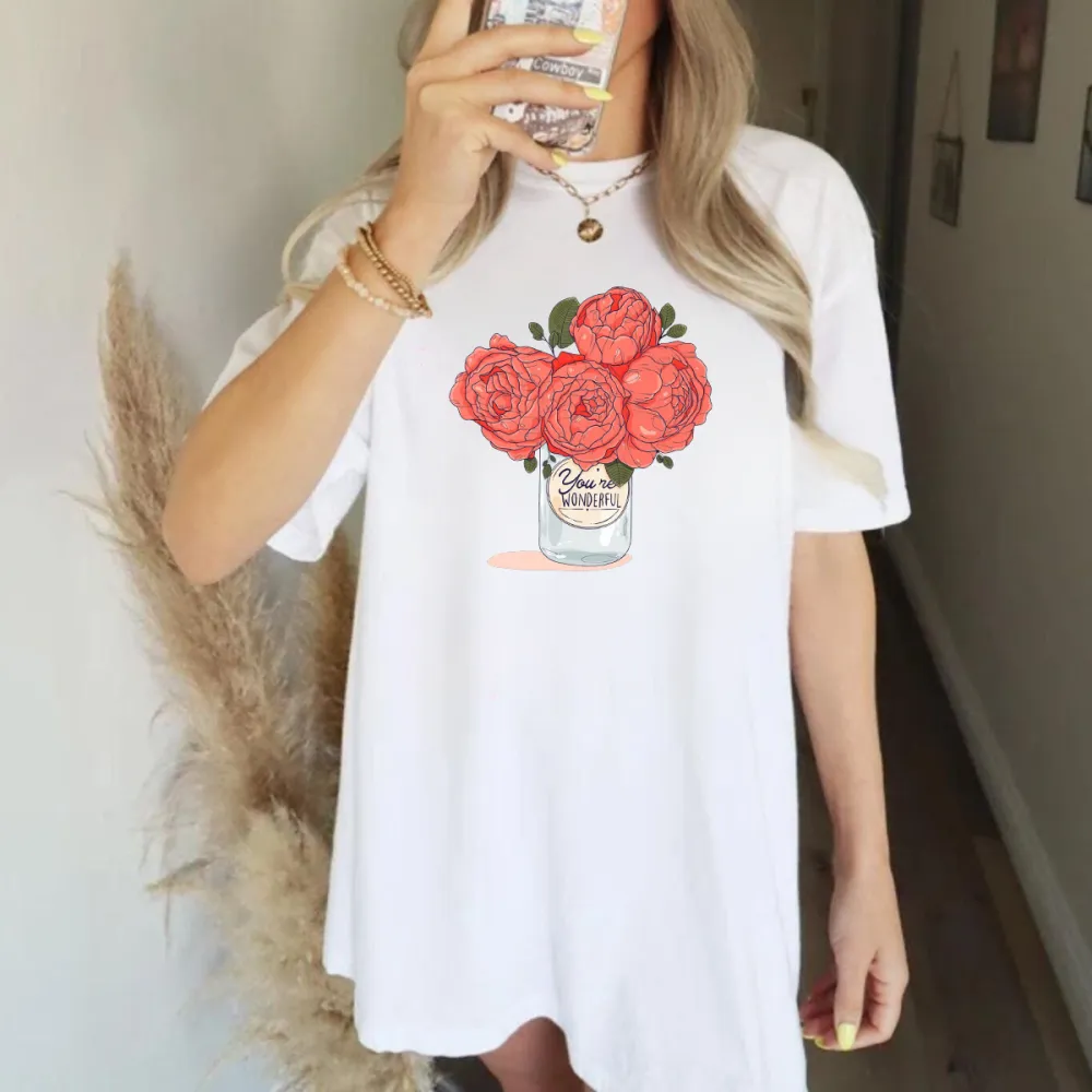 Slogan And Illustration, A Few Red Roses In A Glass Bottle, Casual T-Shirt