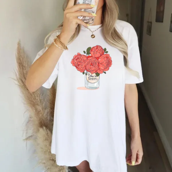 Slogan And Illustration, A Few Red Roses In A Glass Bottle, Casual T-Shirt