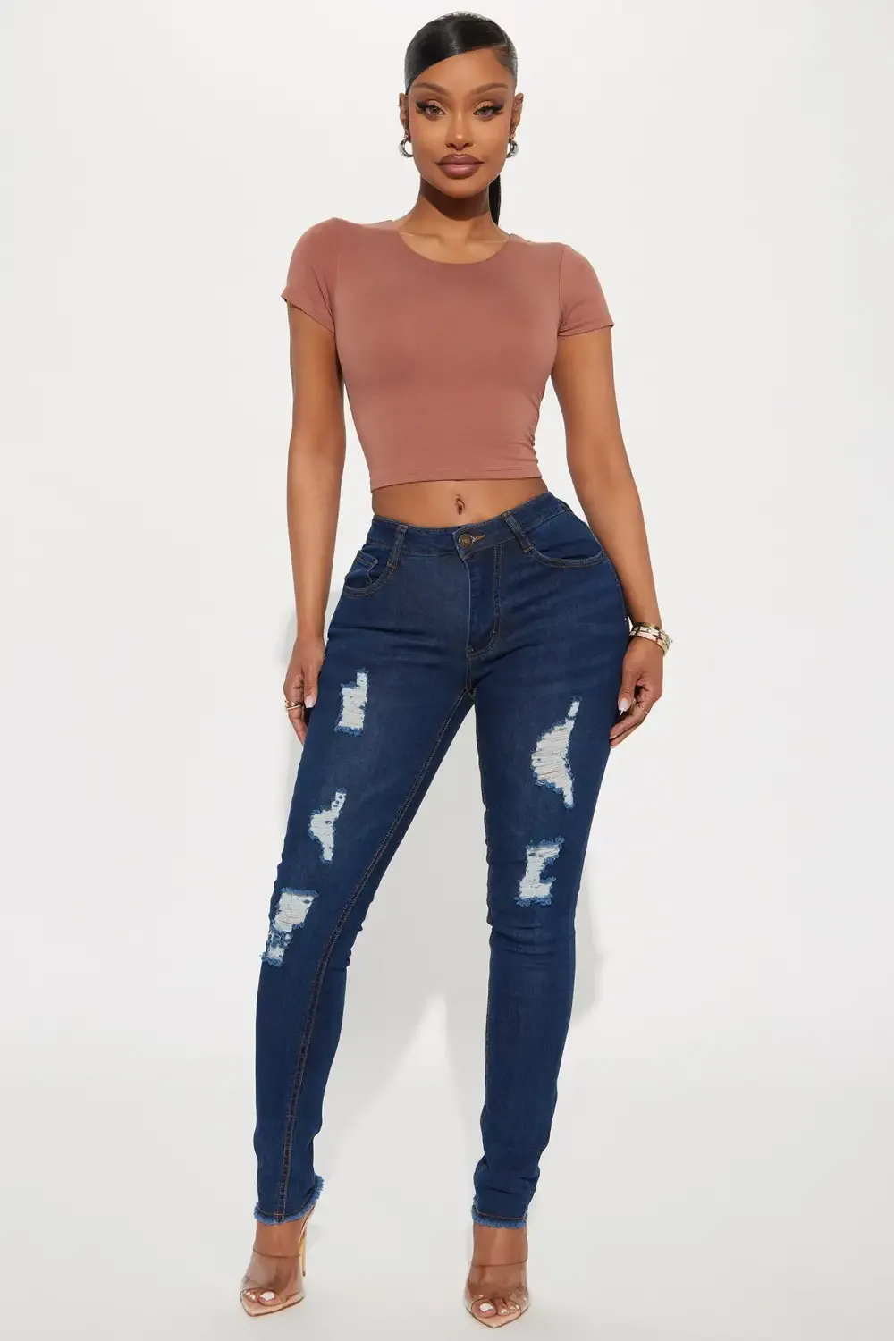 One Hit Wonder Ripped Mid Rise Skinny Jeans - Dark Wash