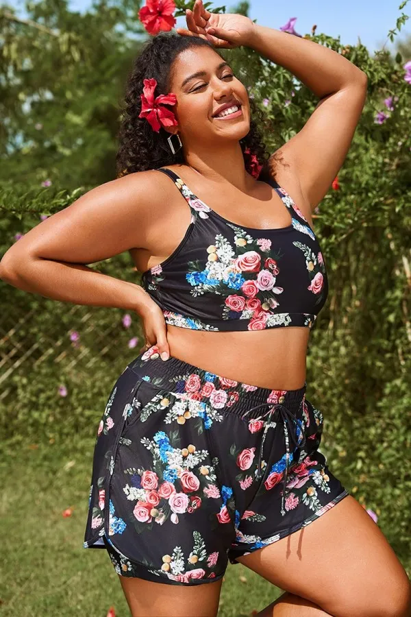 Floral Print Round Neck Wide Strap Bikini Top