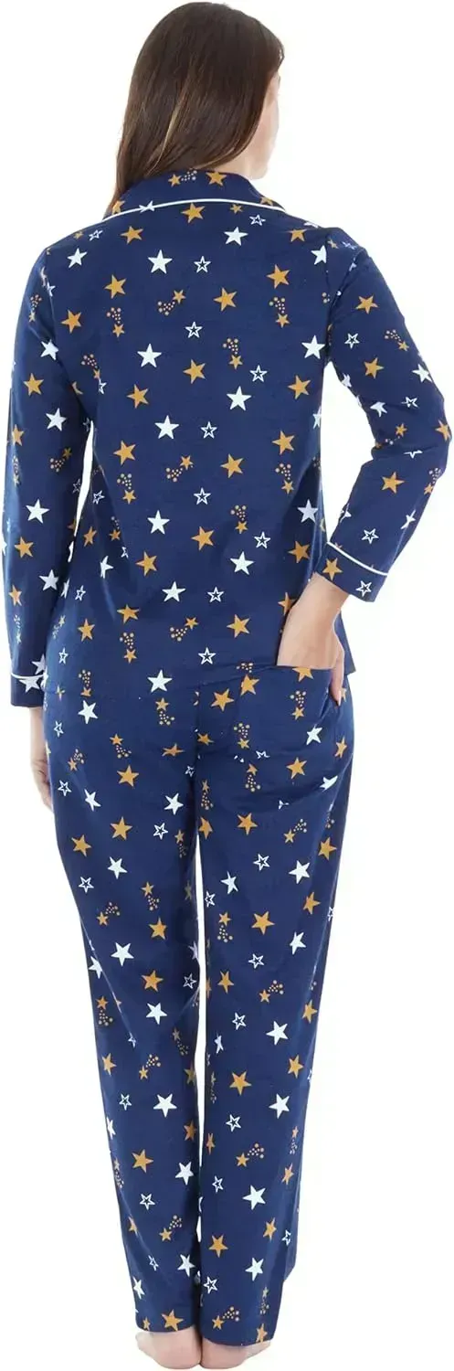 Women's Cotton Flannel Long Sleeve Button-Down Pajamas PJ Set