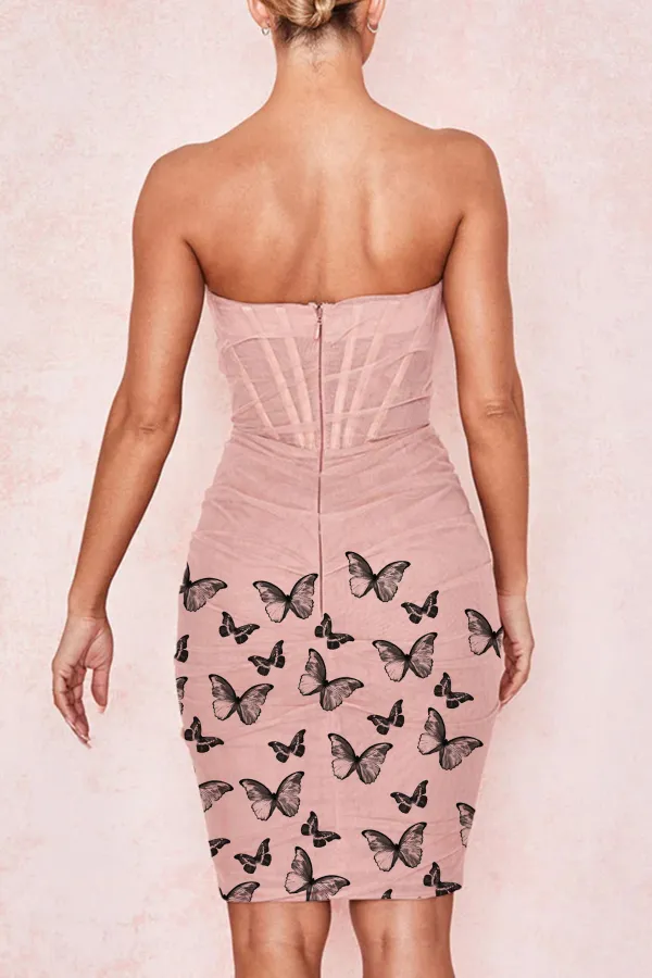 Chic Ruched Strapless Mini Corset Cocktail Party Dress - Pink