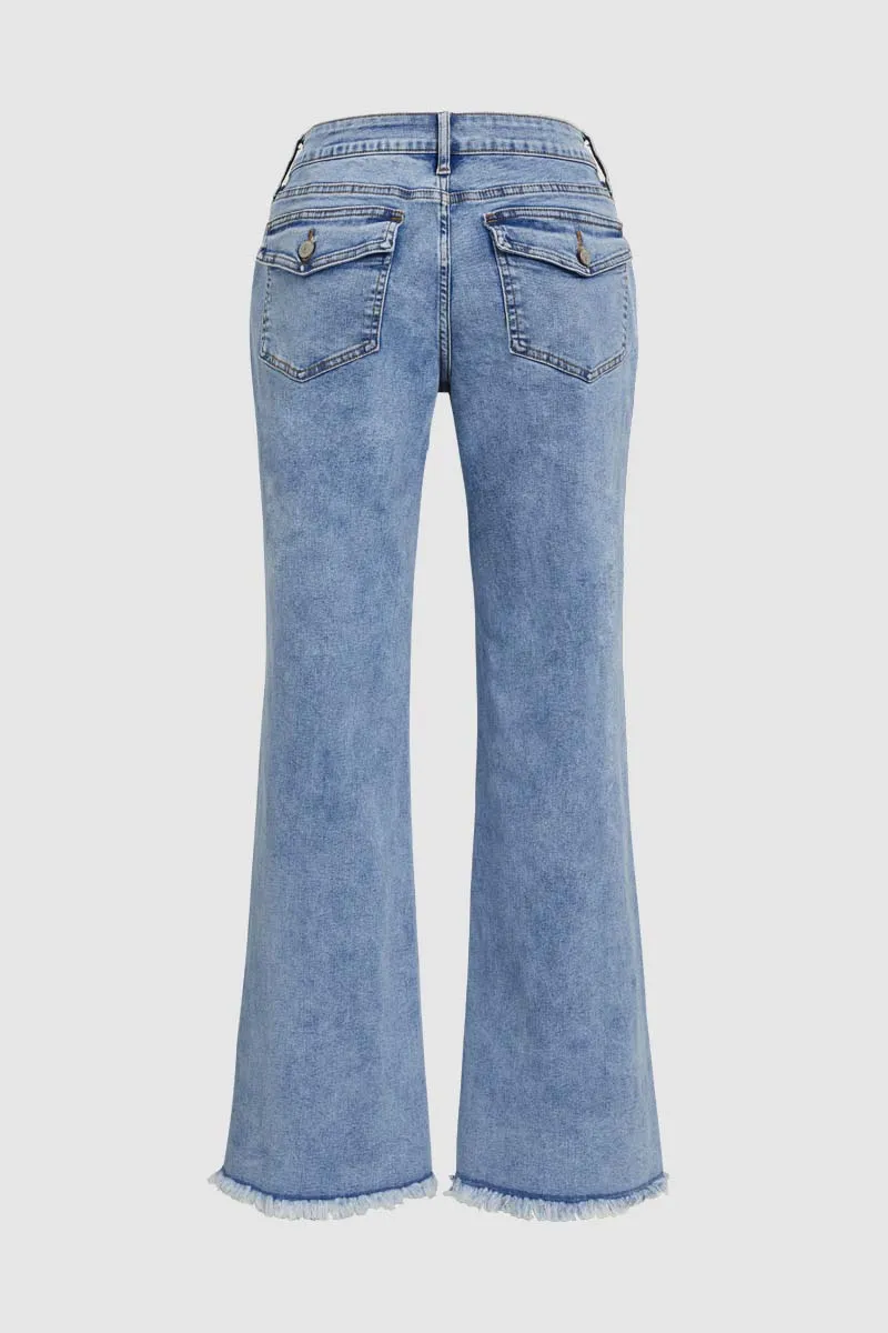 Wash Raw Hem Flap Pocket Wide Leg Low Rise Jeans