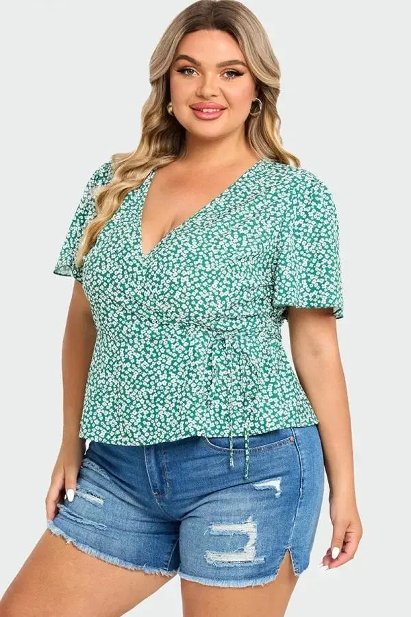 Floral Print Butterfly Sleeve Wrap Knot Side Blouse