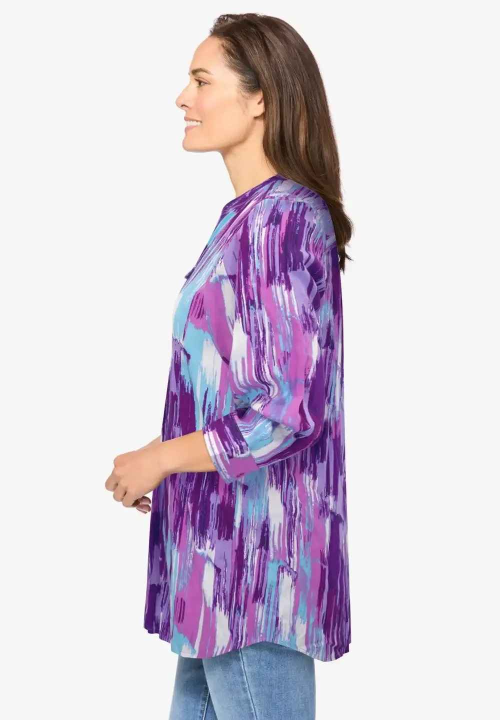Rayon 7-Day Three-Quarter Sleeve Tab-Front Tunic