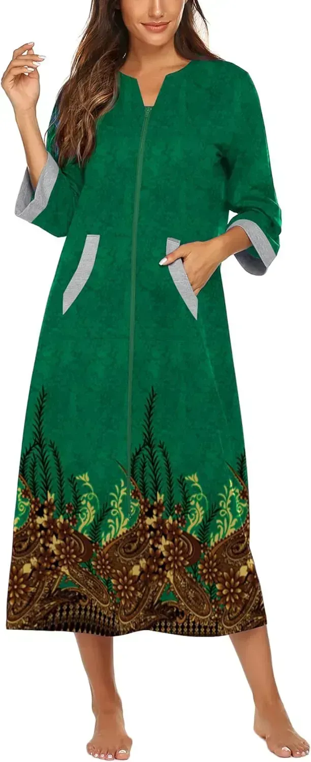 Women Zipper Robe 3/4 Sleeves Loungewear Dress Full Length Sleepwear Pockets Housecoat Nightgown Long Bathrobe