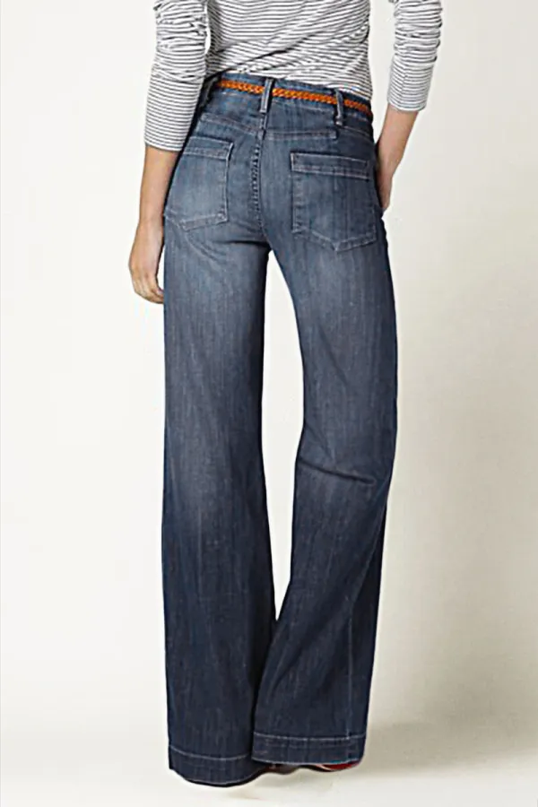 Washed Pocket Detail Low Rise Flare Jeans Without Belt