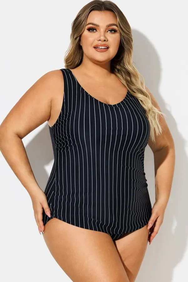 V-Neck Striped Sarong Front One Piece Swimsuit