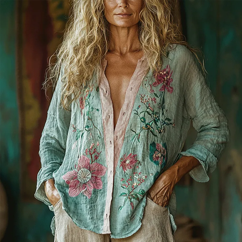 Women's Casual Bohemian Linen Floral Style Long-sleeve Top Shirt