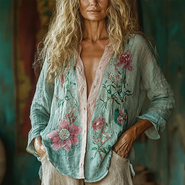 Women's Casual Bohemian Linen Floral Style Long-sleeve Top Shirt
