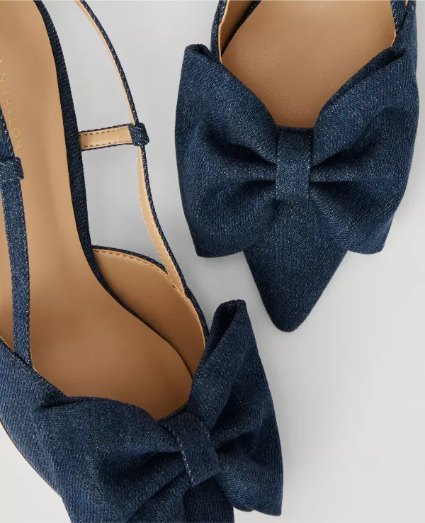 Denim Bow Slingback Kitten Heel Pumps