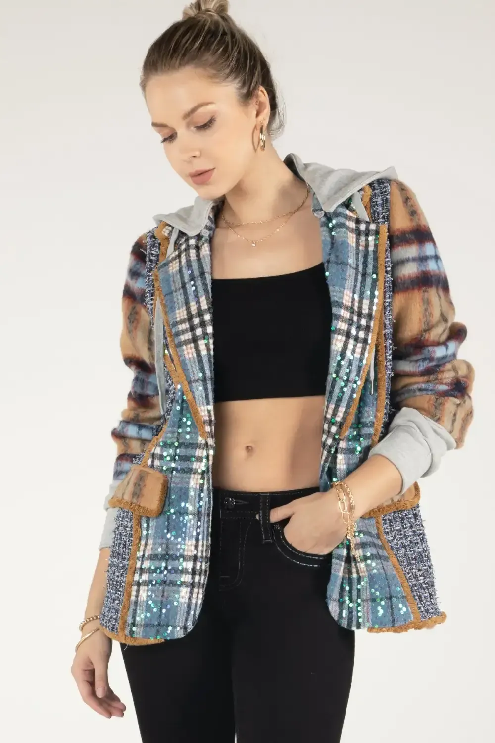 Mixed Fabric Hoodie Blazer