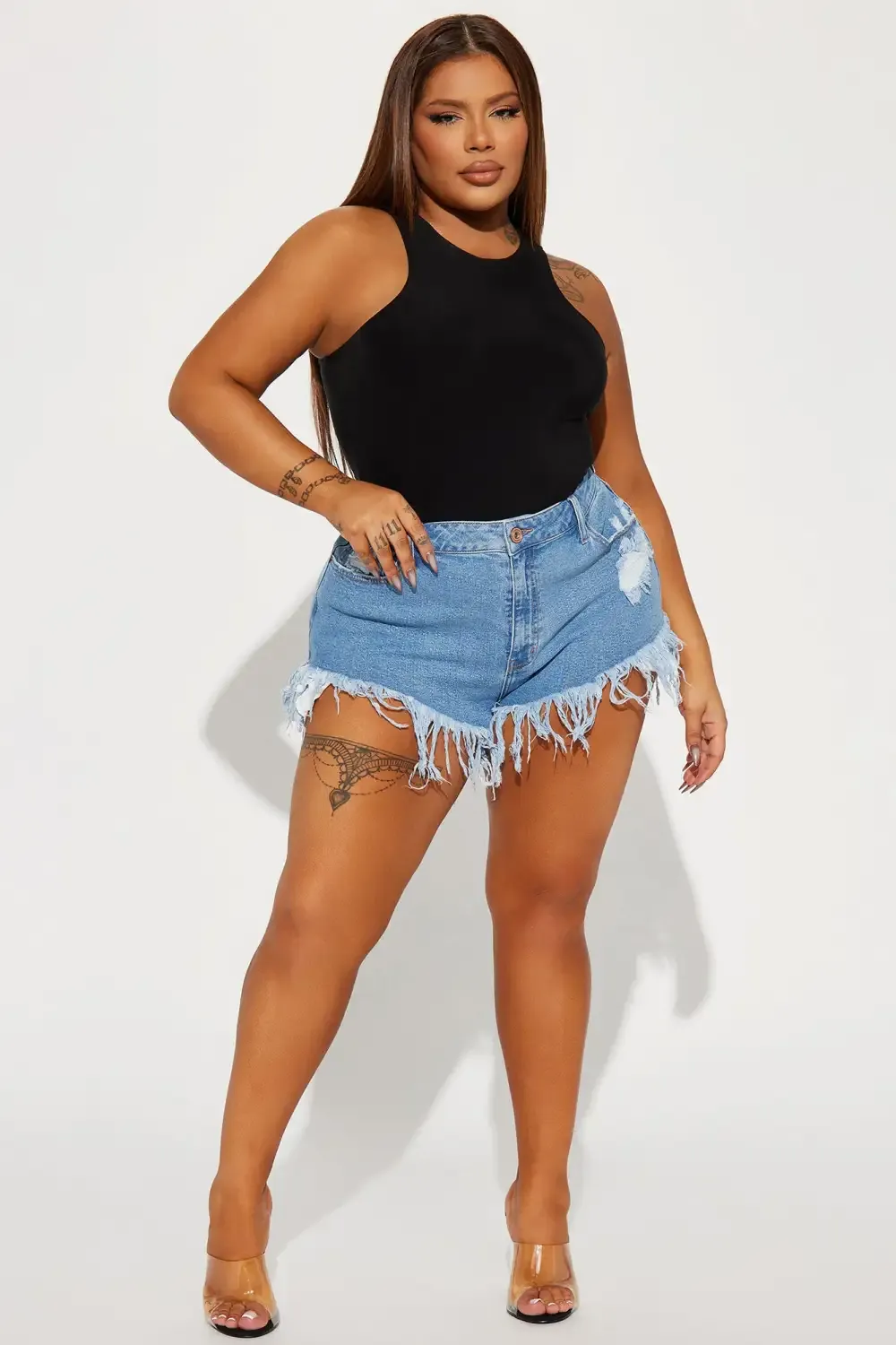 Wound Up Low Stretch Cut Off Denim Shorts - Medium Blue Wash