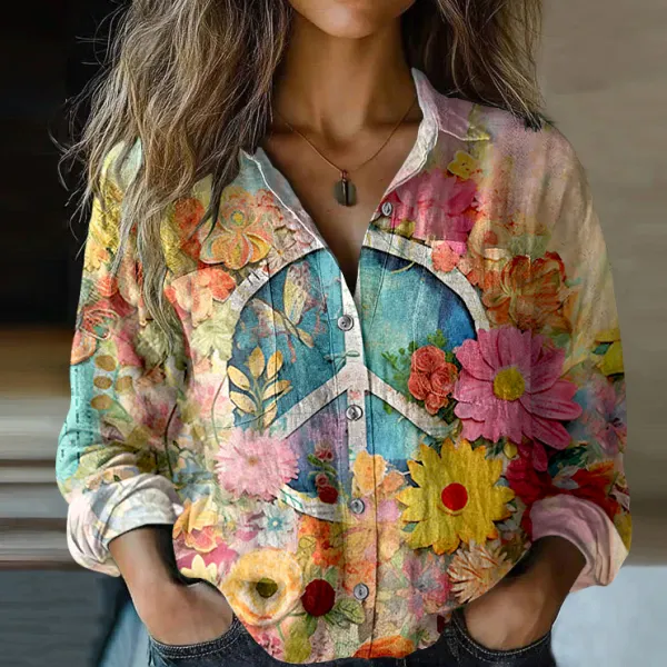 Vintage Hippie Vibe Peace And Love Hippie Floral Painting Art Linen Print Long Sleeve Shirt