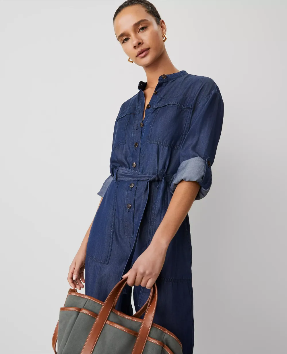 Weekend Collection Chambray Stand Collar Jumpsuit