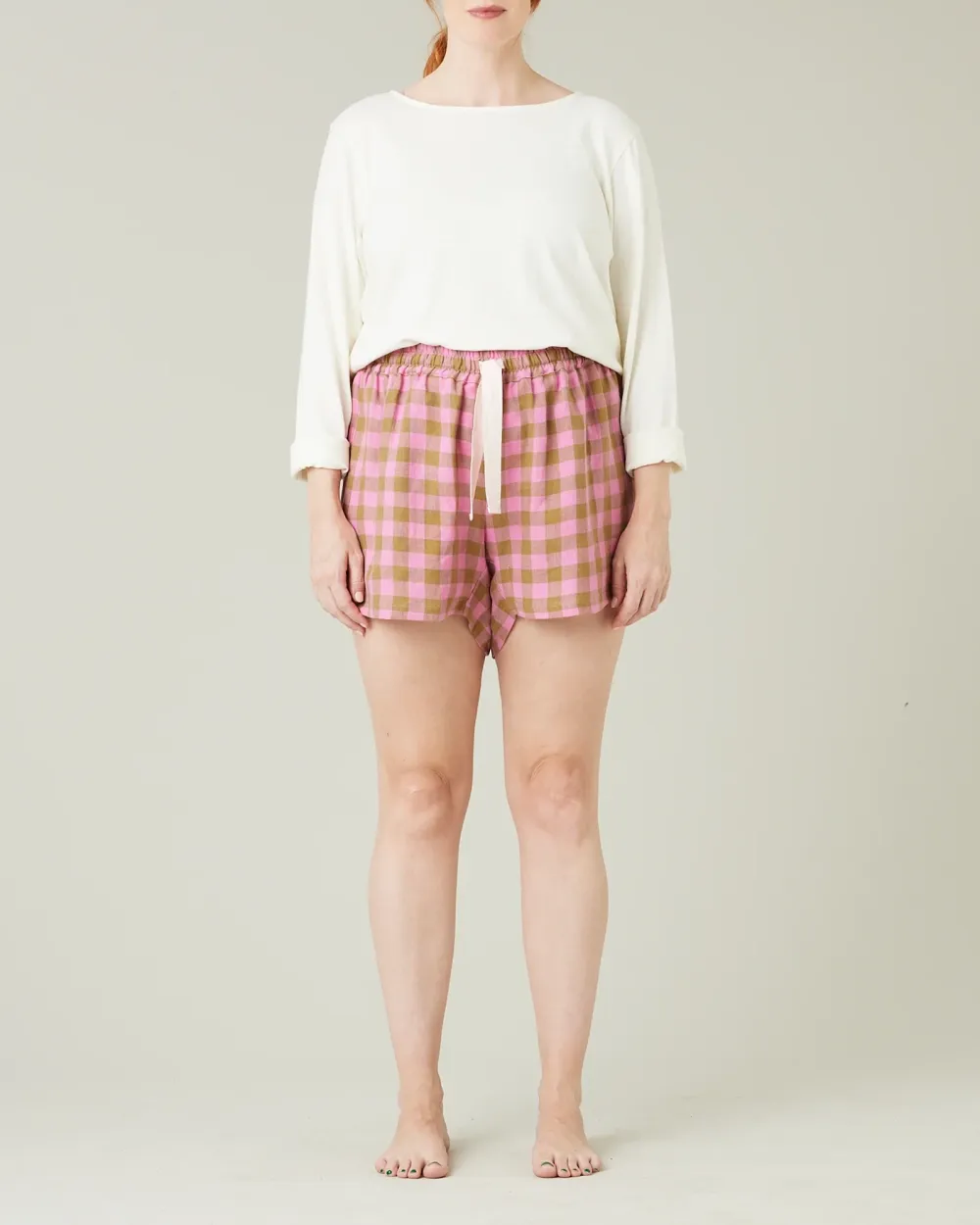 SHORTS PINK & OLIVE CHECK LINEN