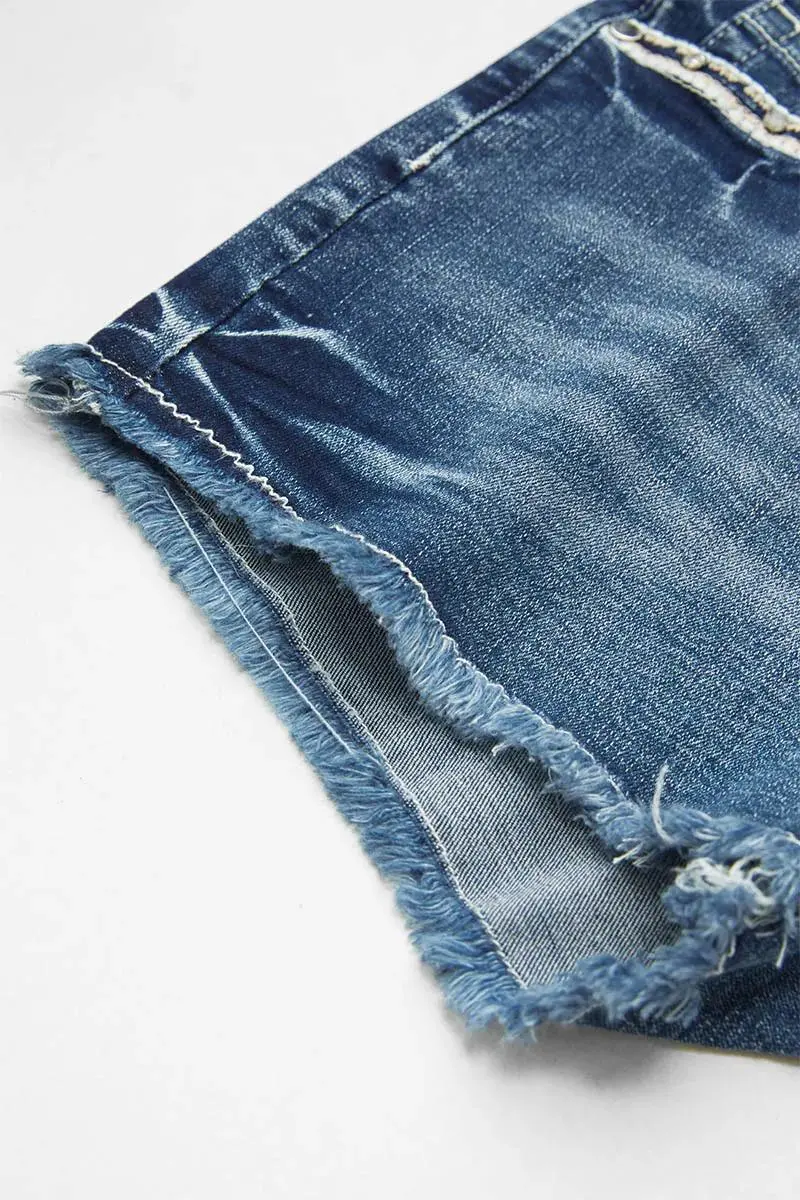Bull & Floral Embroidered Raw Hem Mid Rise Denim Shorts