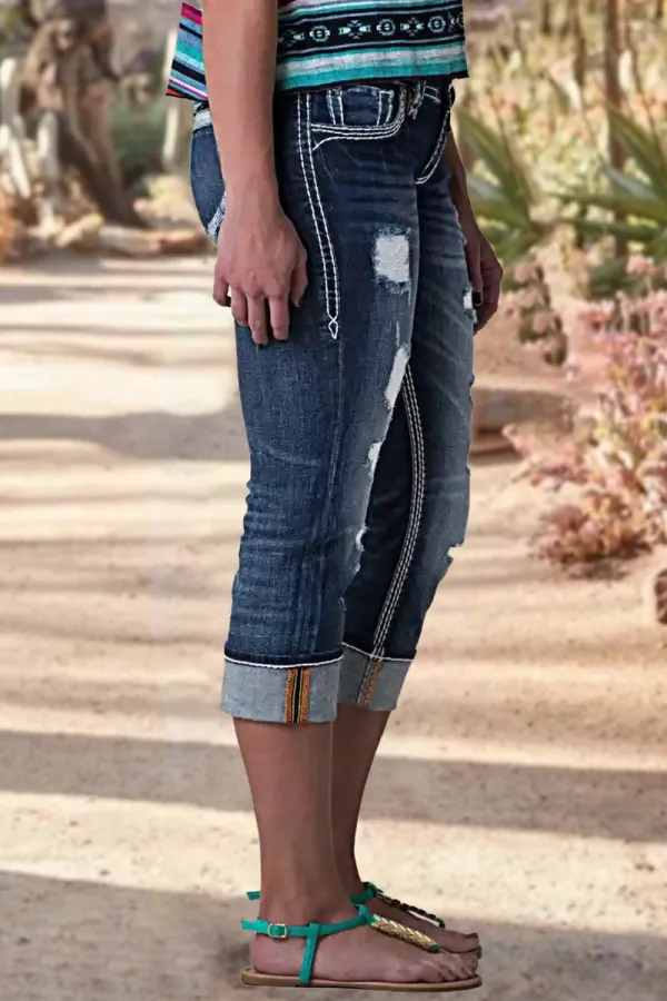 Ripped Roll Hem Wash Stretchy Low Waist Capri Jeans