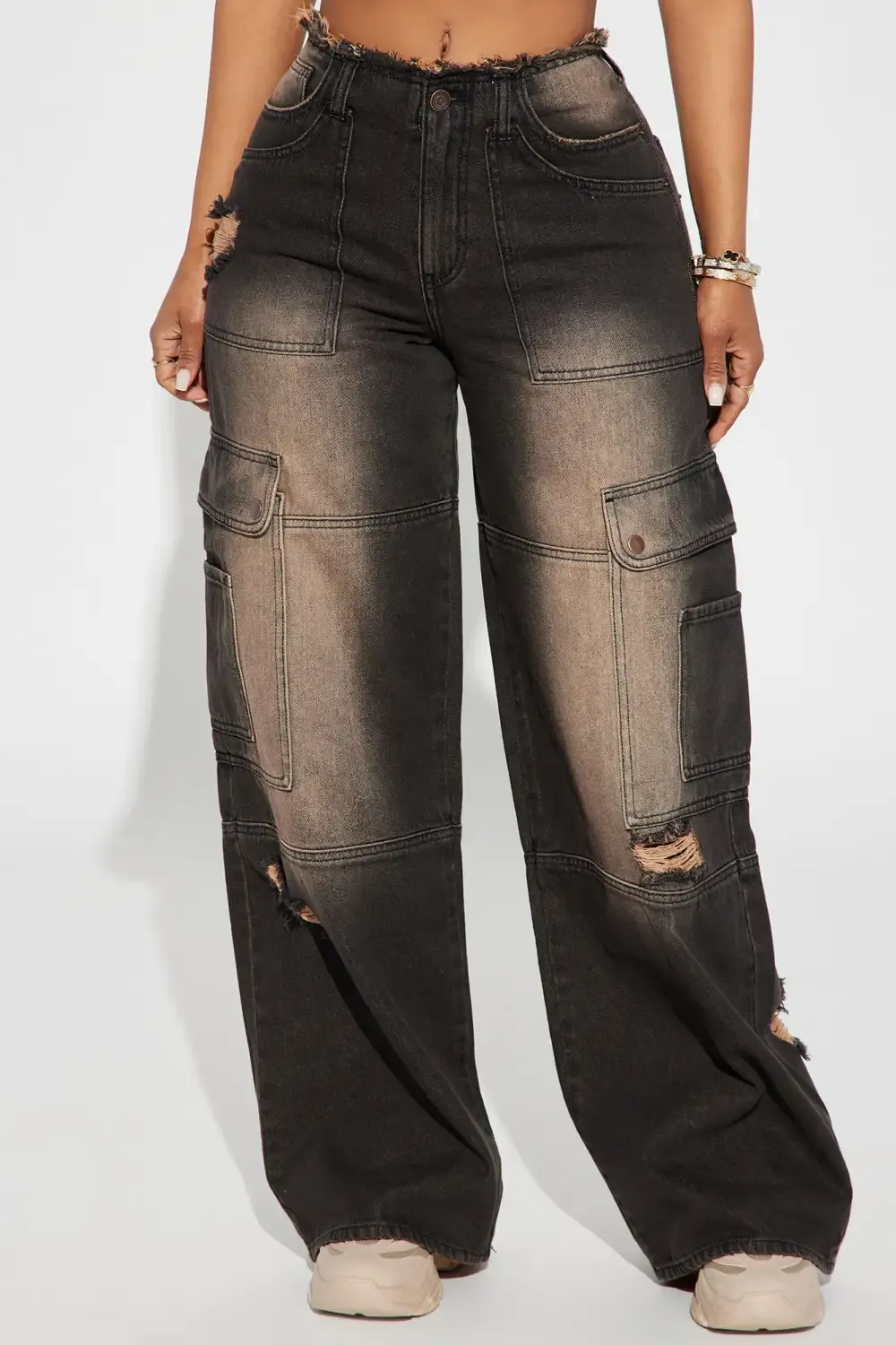 Night Sky Ripped Tinted Non Stretch Cargo Jeans - Black Wash