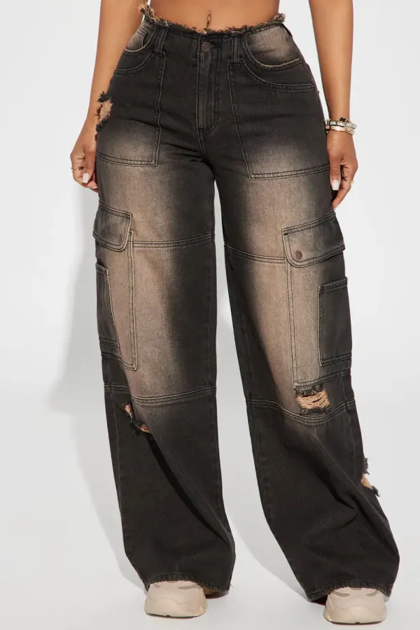 Night Sky Ripped Tinted Non Stretch Cargo Jeans - Black Wash