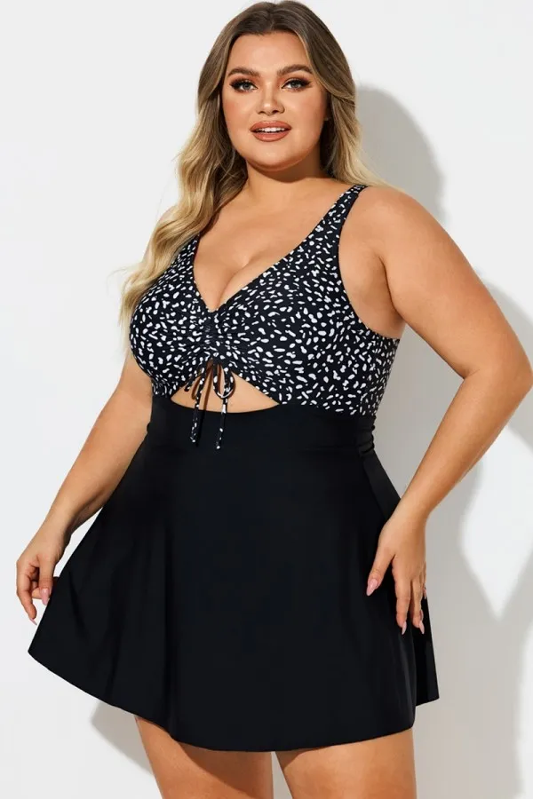 Dot Print V-Neck Lace Up Cut Out Swimdress
