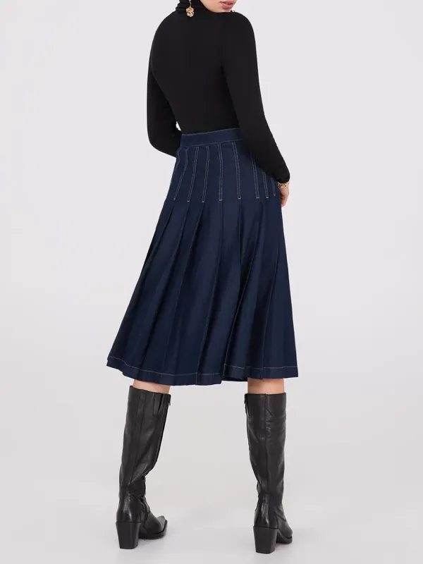 Denim Pleated Midi Skirt