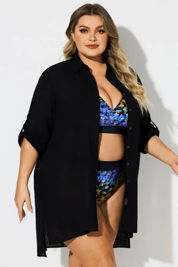 Black Button Front Swim Shirt Cover Up