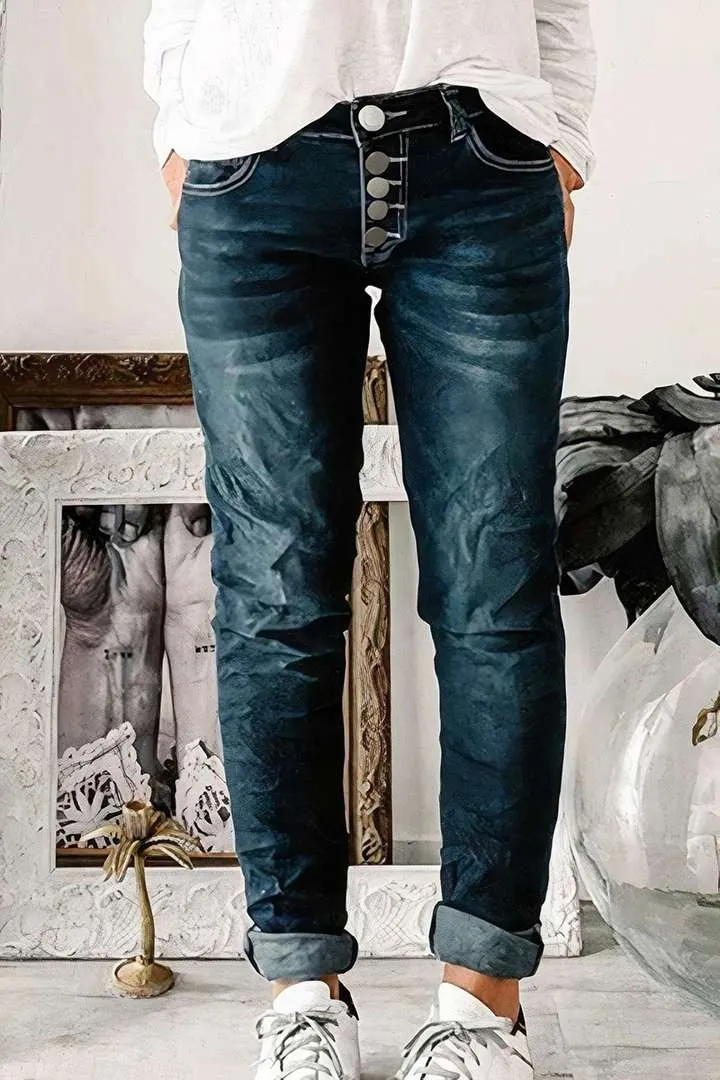 Button Up Roll Hem Low Waist Straight Leg Jeans