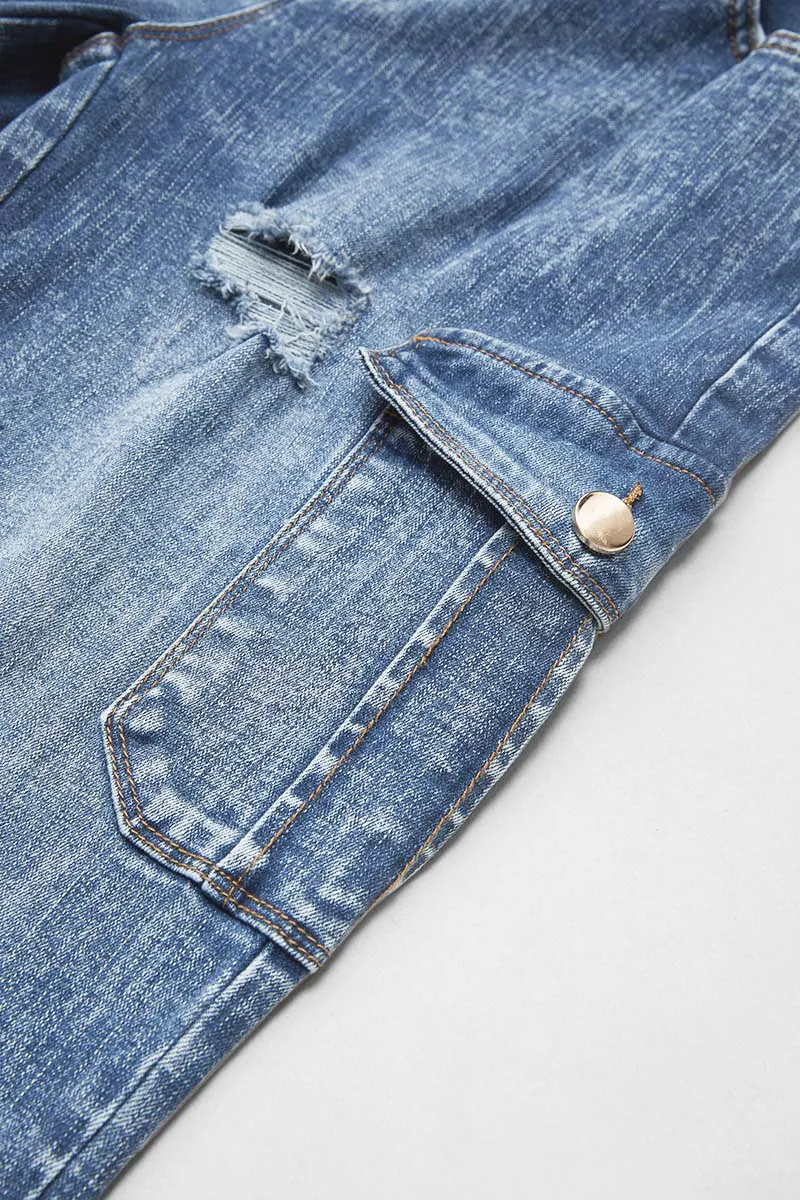 Wash Ripped Flap Pocket High Rise Cargo Jeans
