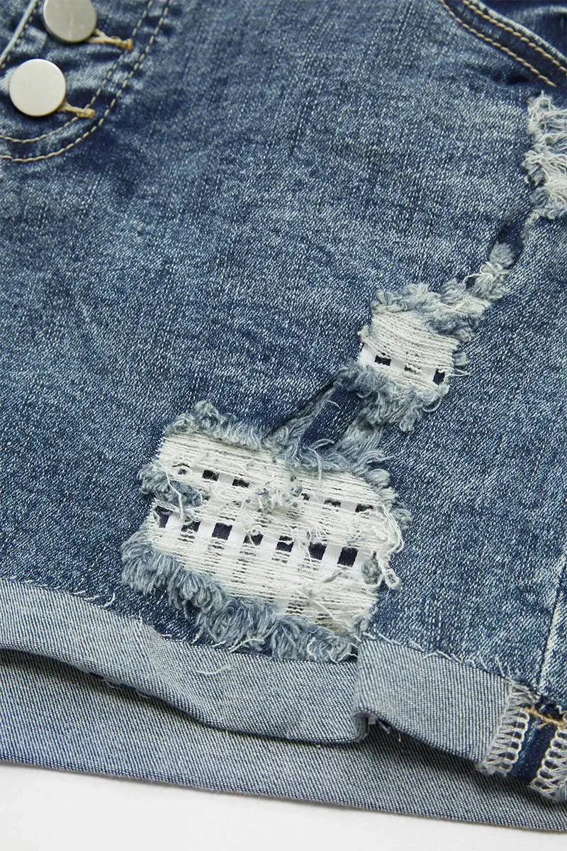 Stripe Ripped Roll Hem Button Fly Denim Shorts