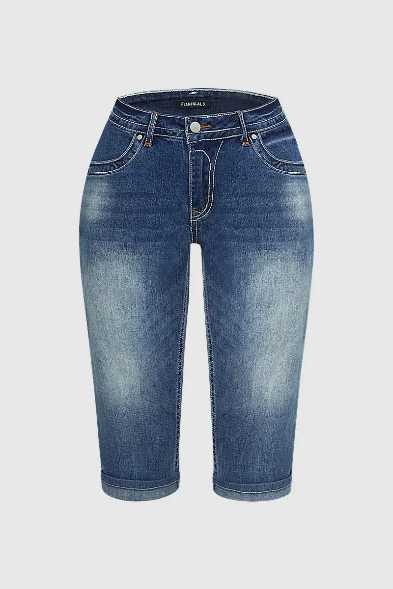 Wash Flap Pocket Roll Hem Low Rise Straight Leg Capri Jeans