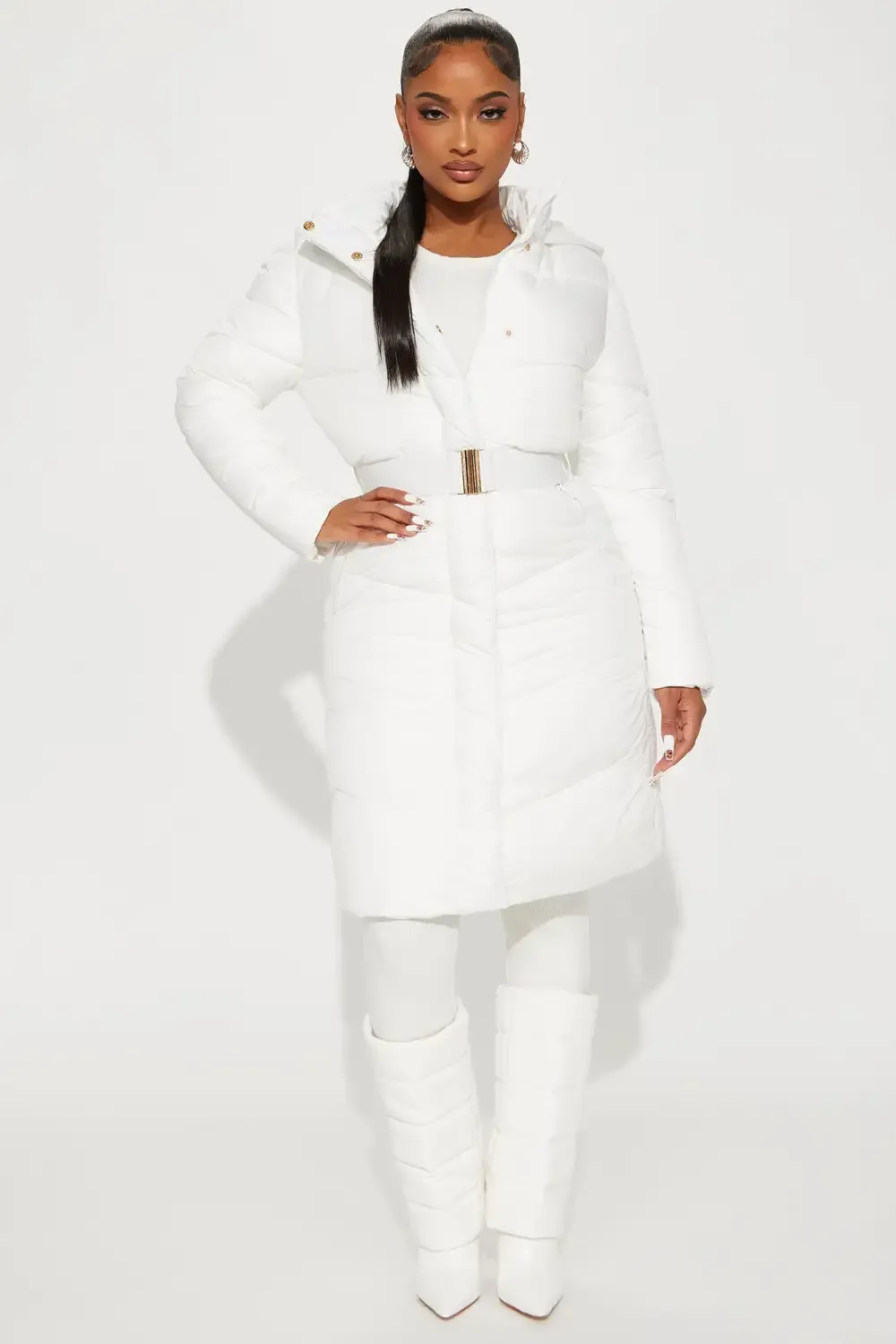 Snow Style Belted Puffer Jacket - White