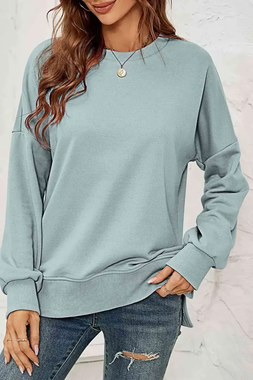 Round Neck  Dropped Shoulder Slit Sweatshirt AC