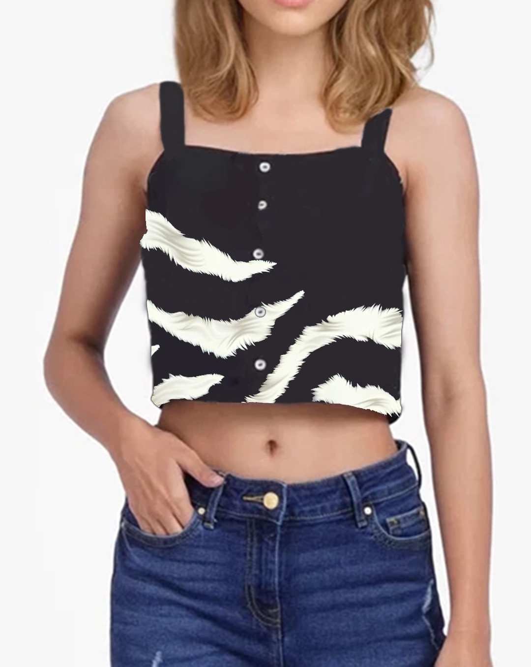 Black and White Zebra Print Buttoned Crop Top