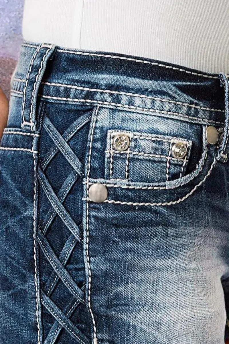 Criss Cross Raw Hem Low Waist Denim Shorts