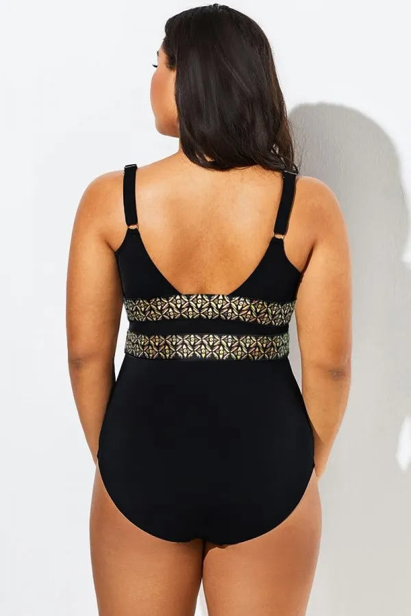 Black Lattice Plunge V-neck One Piece Swimsuit