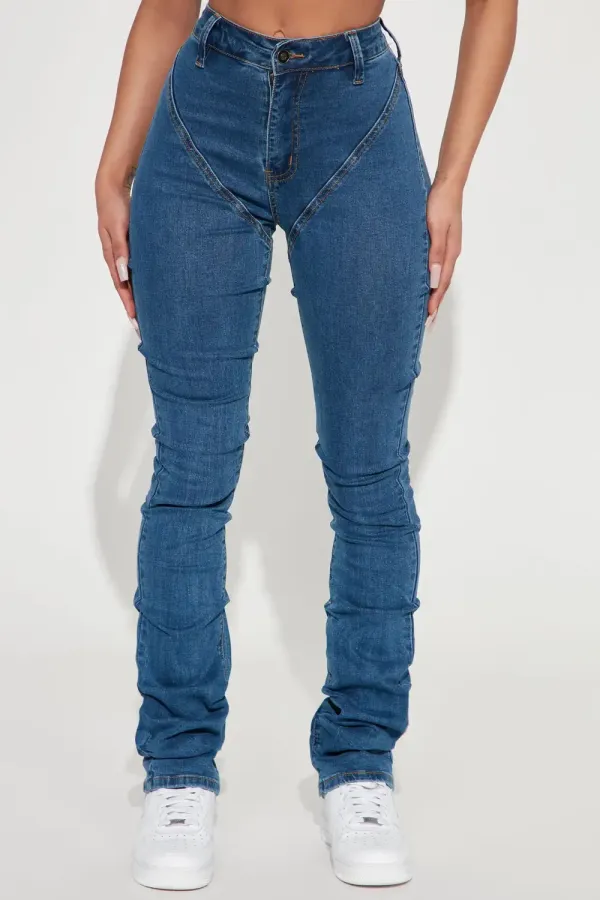 See Me High Rise Stacked Straight Leg Jeans - Medium Blue Wash