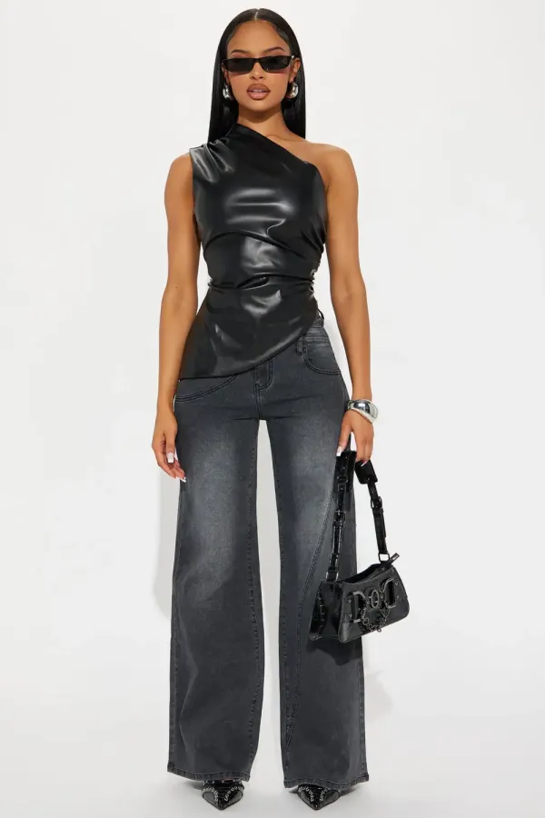 Best Angle Waistband Tab Wide Leg Jeans - Black Wash