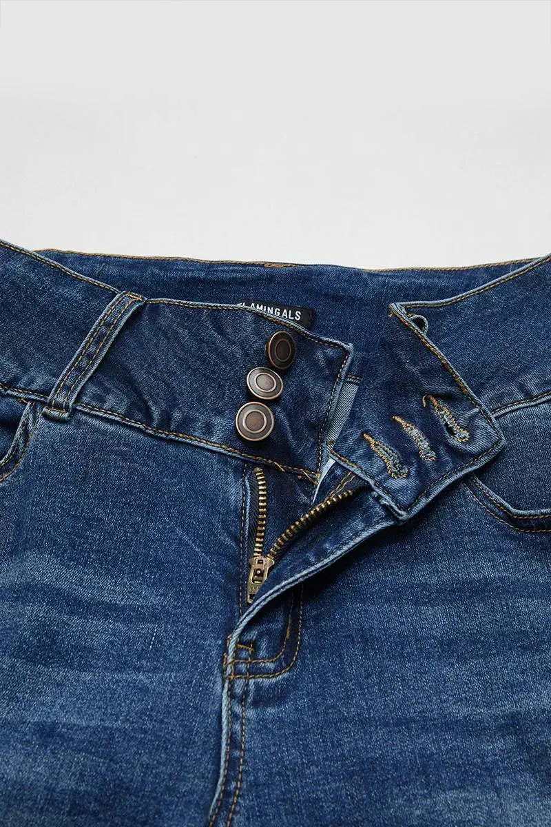 Button Up Ripped Raw Hem Mid Rise Capri Jeans