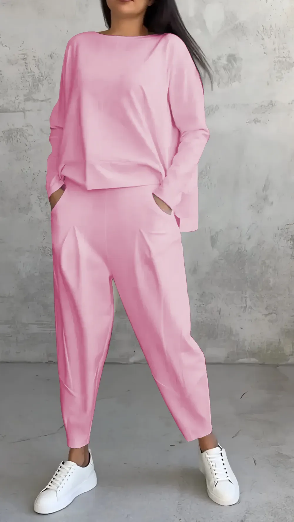 Women Chic Casual Round Neck Long Sleeve Two Piece Suit