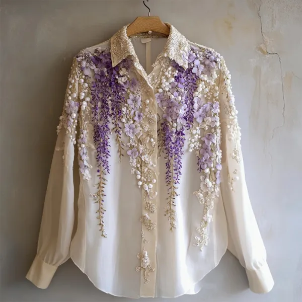 Women's Purple Floral Pearl Embroidered Elegant Shirt