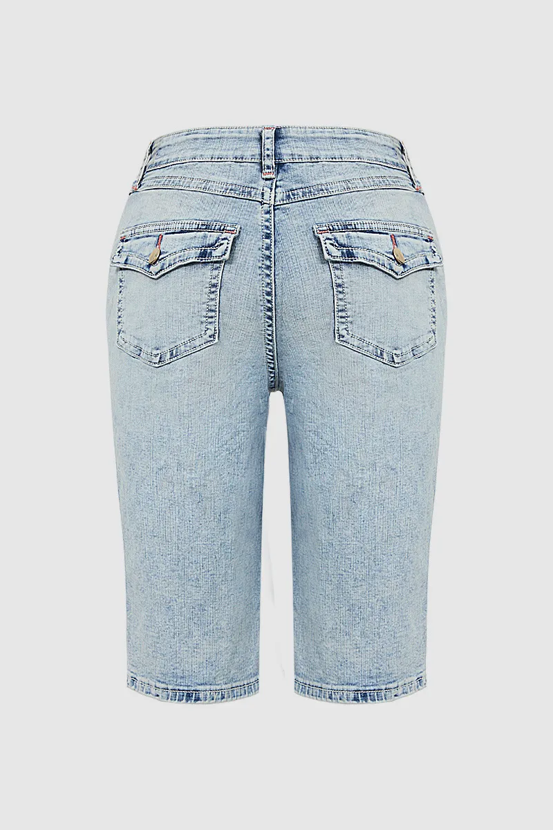 Washed Flap Pocket Mid Rise Denim Bermuda Shorts