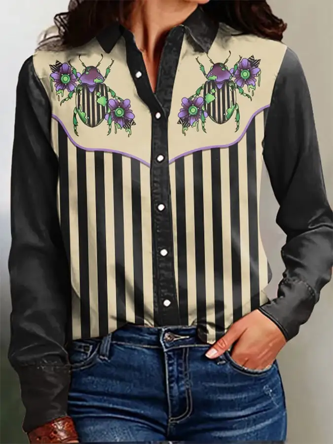Women's Vintage Western Art Print Casual Linen Blouse